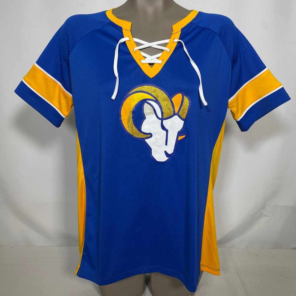 Los Angeles Rams NFL Blue Gold Lace Up Glitter Jersey Top Women's LARGE